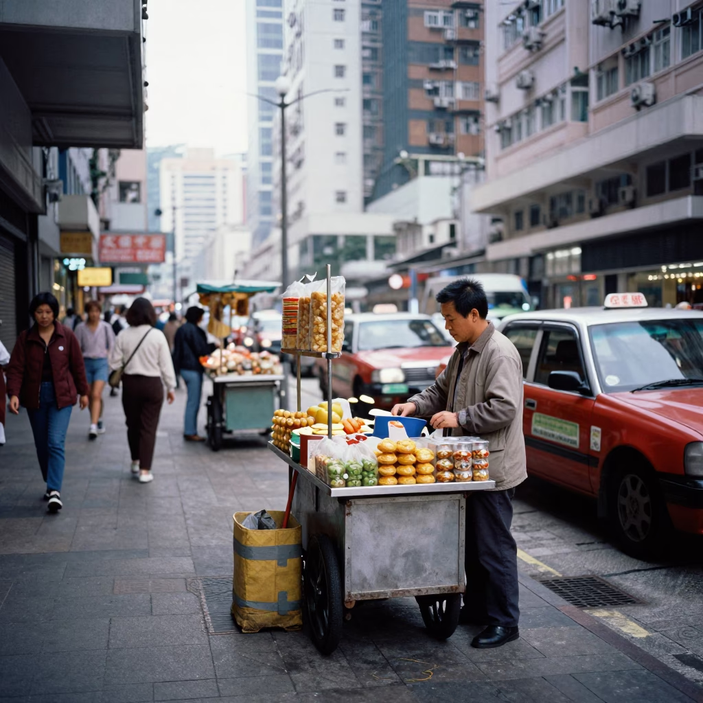 Busy Hong Kong Late Morning Street Scene with Local Vendor and Pedestrians in in Hong Kong, Hong Kong