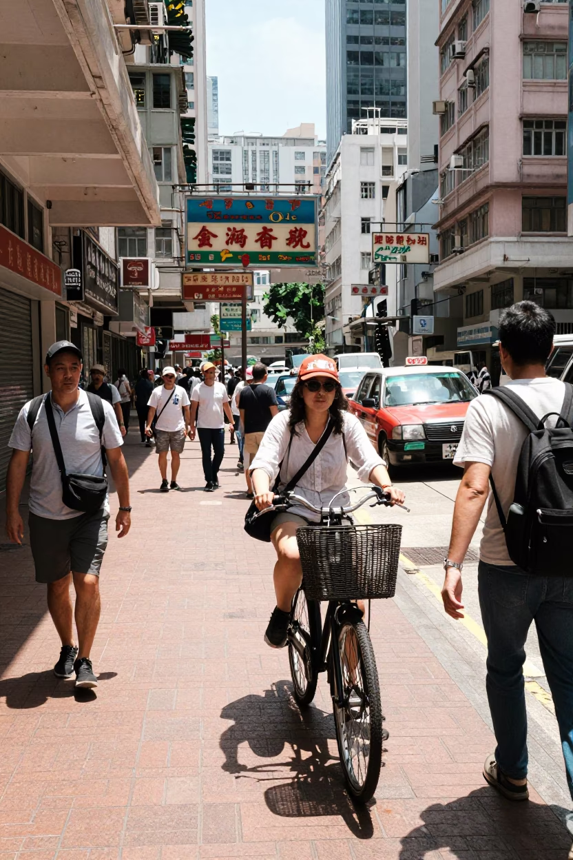 Busy Hong Kong Midday Street Scene with Bicycle Basket and Urban Details in in Hong Kong, Hong Kong