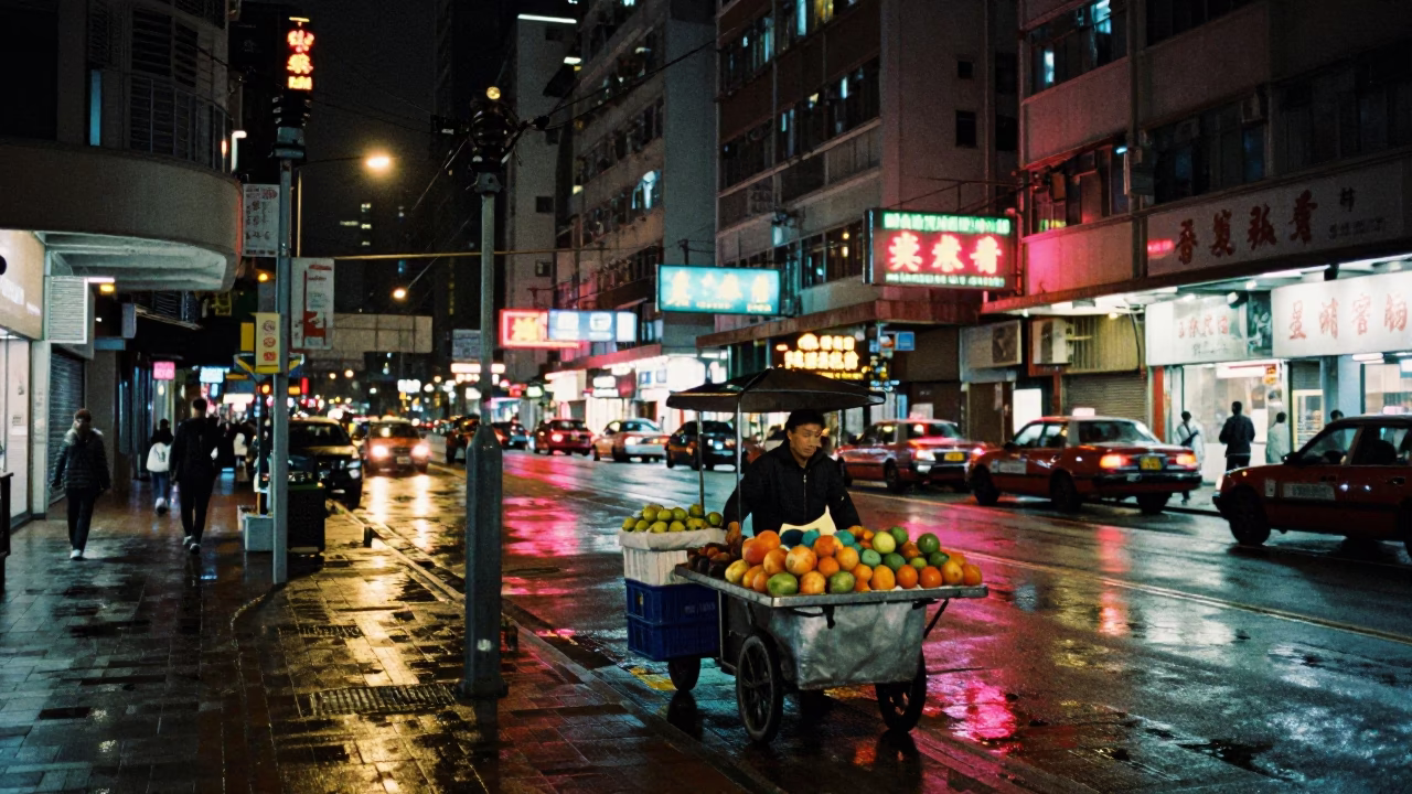 Busy Hong Kong Night Street Scene with Substation Insulators and Fruit Crate in in Hong Kong, Hong Kong