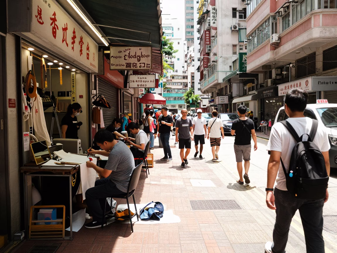 Busy Hong Kong Noon Street Scene with Tailor Shears and Urban Life in in Hong Kong, Hong Kong
