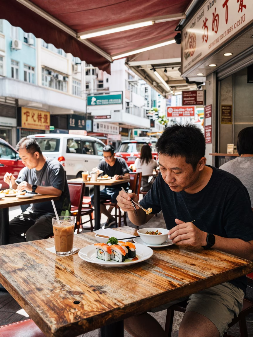Busy Hong Kong Street Cafe Midmorning with Sushi Plate and Serving Spoon in in Hong Kong, Hong Kong