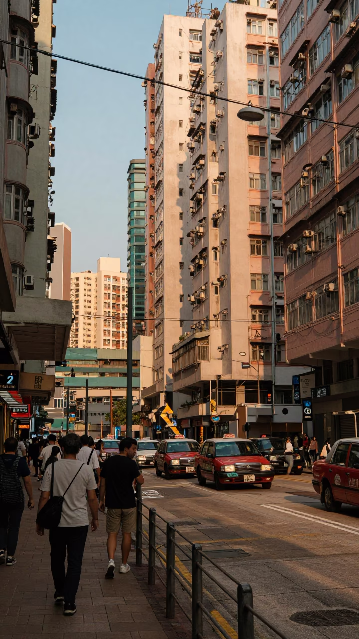 Busy Hong Kong Street Corner at Golden Hour with Local Dining and Urban Details in in Hong Kong, Hong Kong
