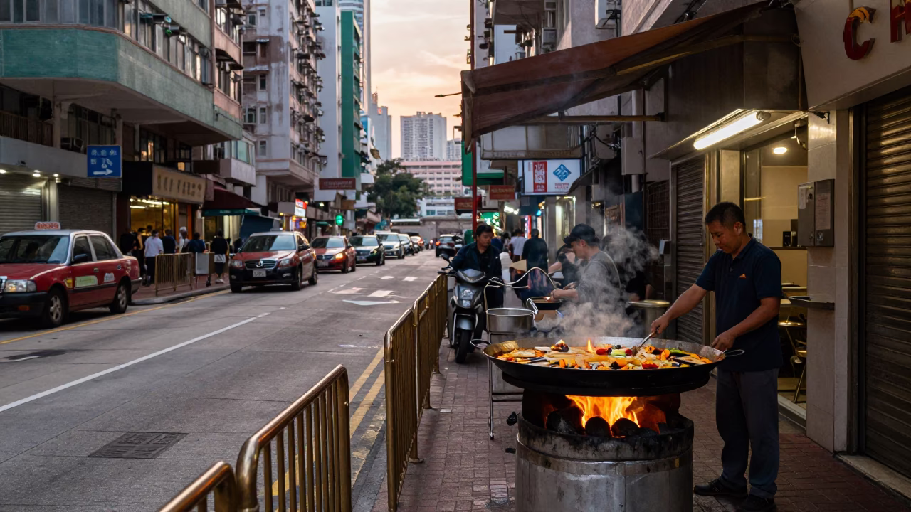 Busy Hong Kong street dawn scene with polished brass rail and local morning activity in in Hong Kong, Hong Kong
