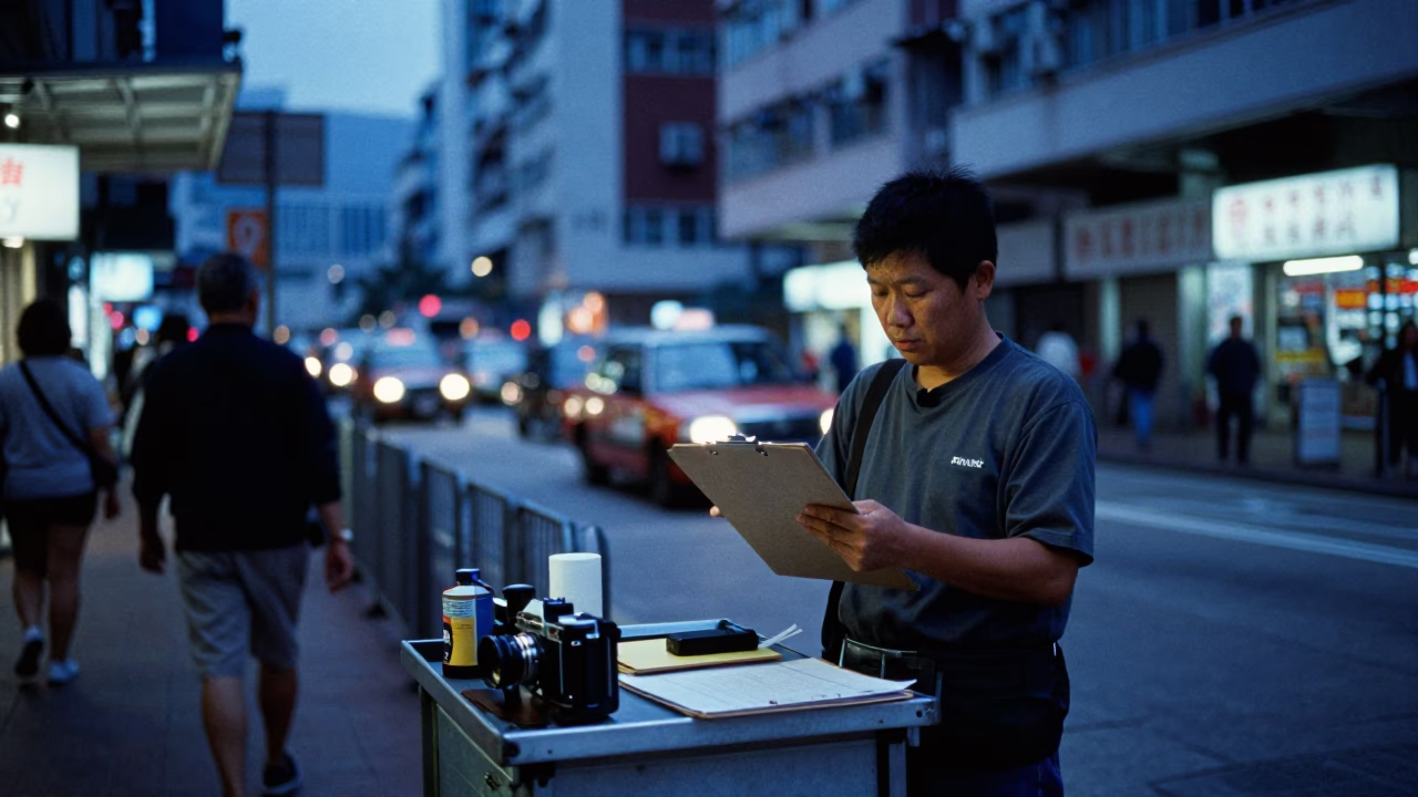 Busy Hong Kong Street Evening Blue Hour with Clipboard and Neon Signs in in Hong Kong, Hong Kong