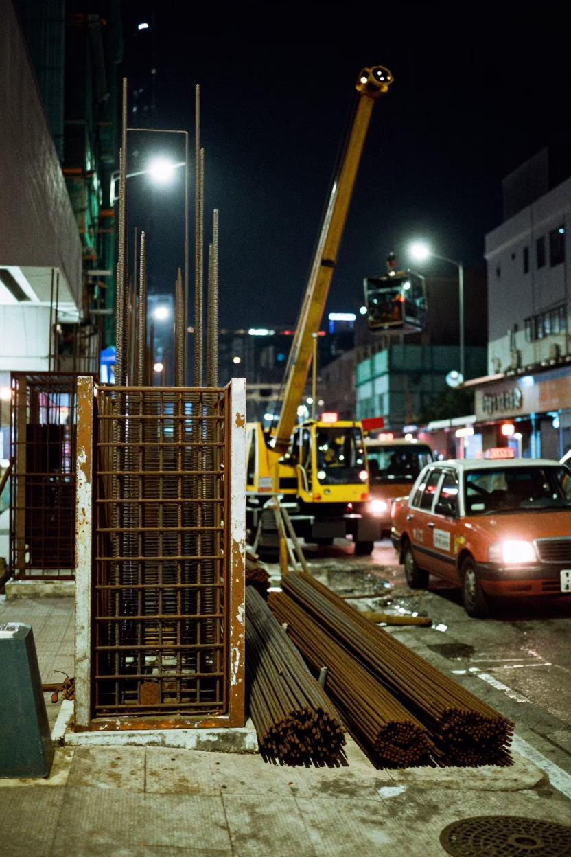 Busy Hong Kong Street Night Construction Site with Rebar and Tin Box in in Hong Kong, Hong Kong