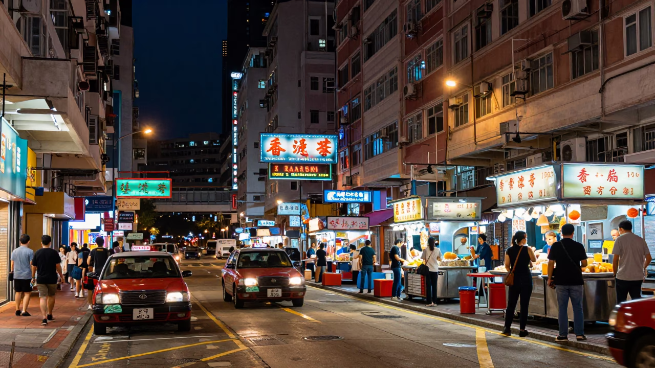 Busy Hong Kong Street Night Scene with Food Stall and Neon Lights in in Hong Kong, Hong Kong
