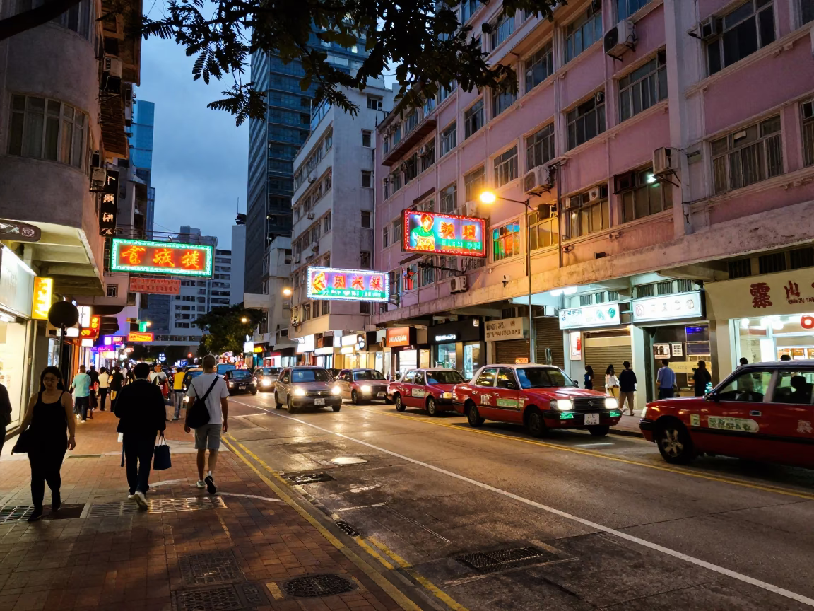 Busy Hong Kong Street Night Scene with Leaf Shadows and Red Observatory Lighting in in Hong Kong, Hong Kong
