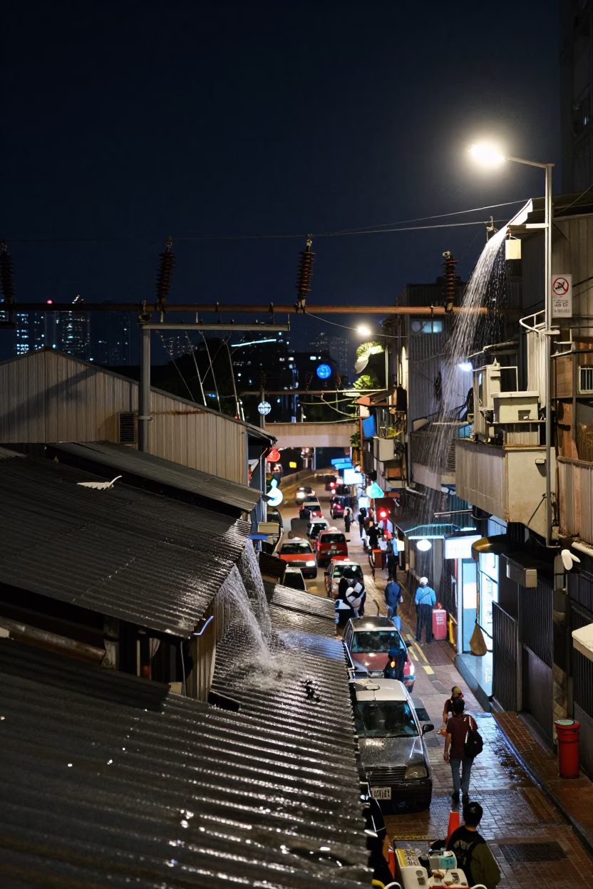 Busy Hong Kong Street Night Scene with Substation Insulators and Rickshaw in Monsoon Rain in in Hong Kong, Hong Kong