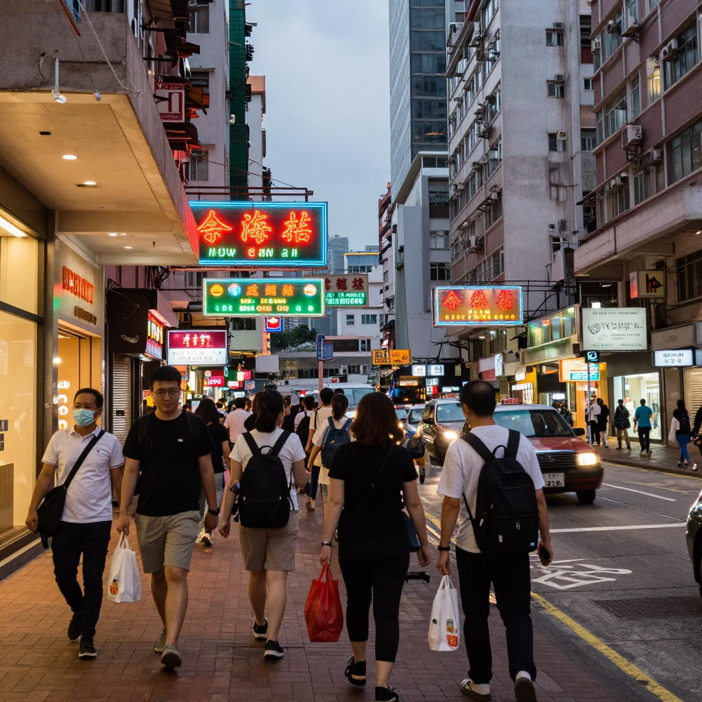 Busy Hong Kong Street Scene at Dusk with Neon Signs and Urban Activity in in Hong Kong, Hong Kong