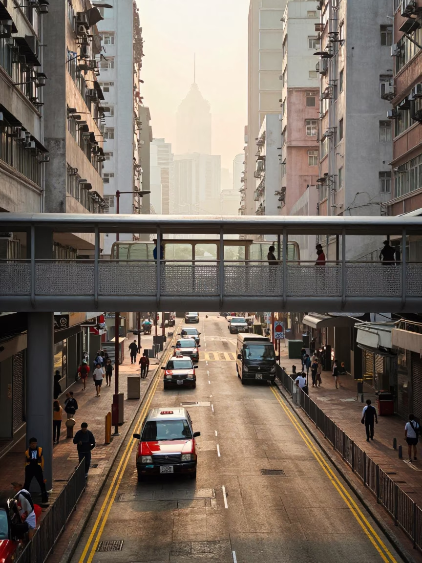 Busy Hong Kong Street Scene at First Light with Metal Stools and Perforated Overpass in in Hong Kong, Hong Kong