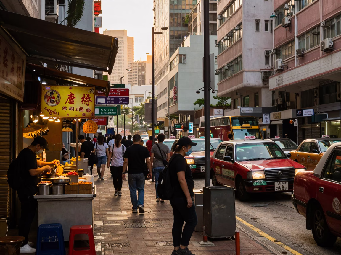 Busy Hong Kong Street Scene at Golden Hour with Traditional Food and Urban Architecture in in Hong Kong, Hong Kong