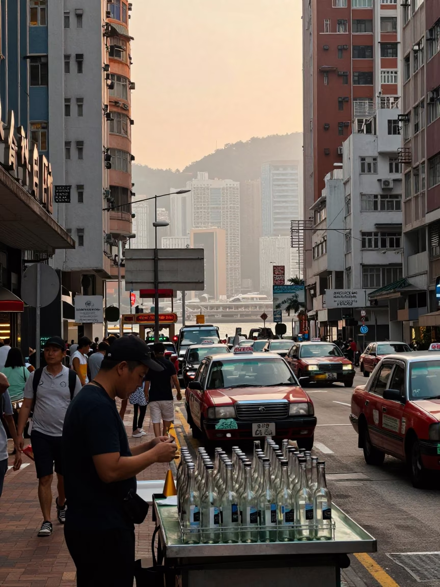 Busy Hong Kong Street Scene at Nautical Dawn with Vintage 1970s Atmosphere in in Hong Kong, Hong Kong