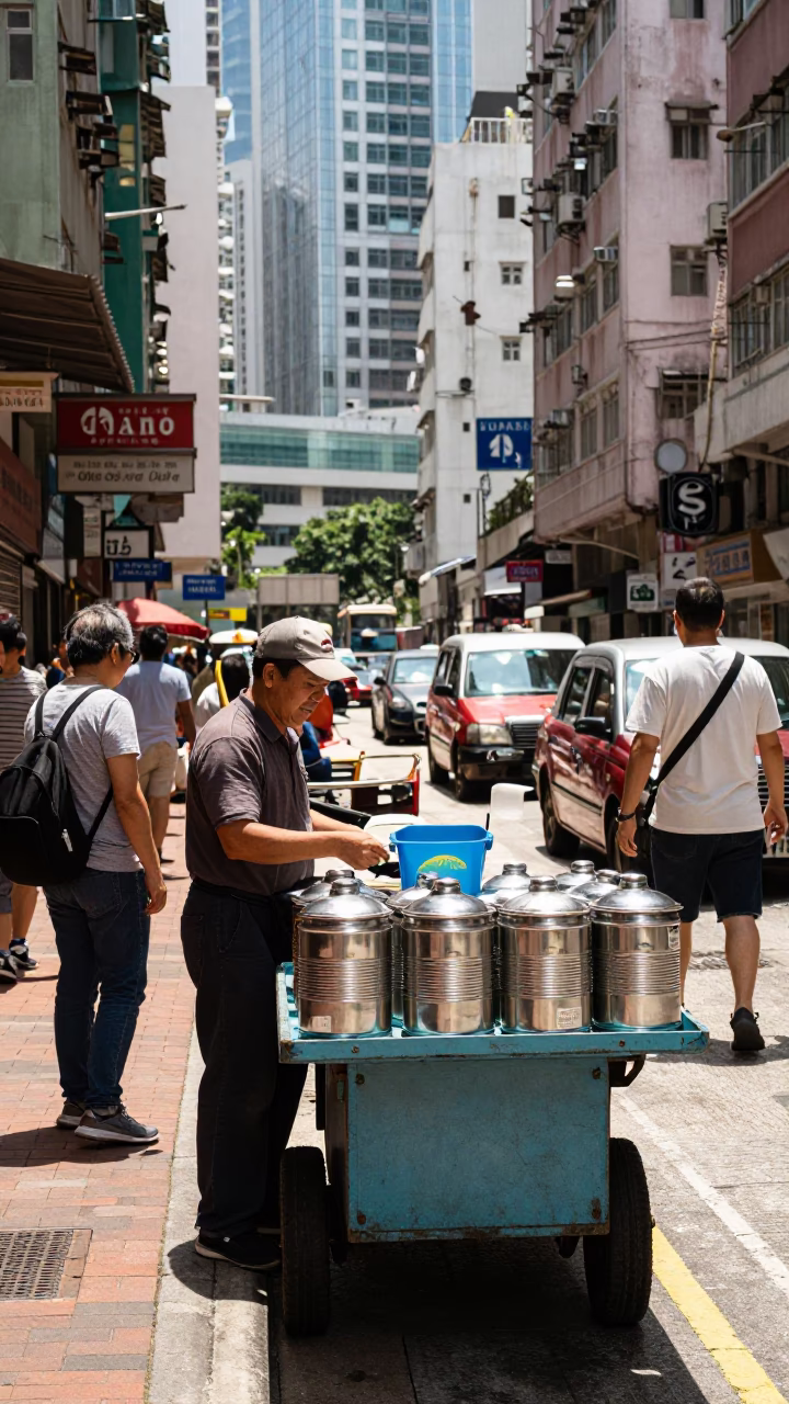 Busy Hong Kong Street Scene at Noon with Vendor and Canisters in in Hong Kong, Hong Kong