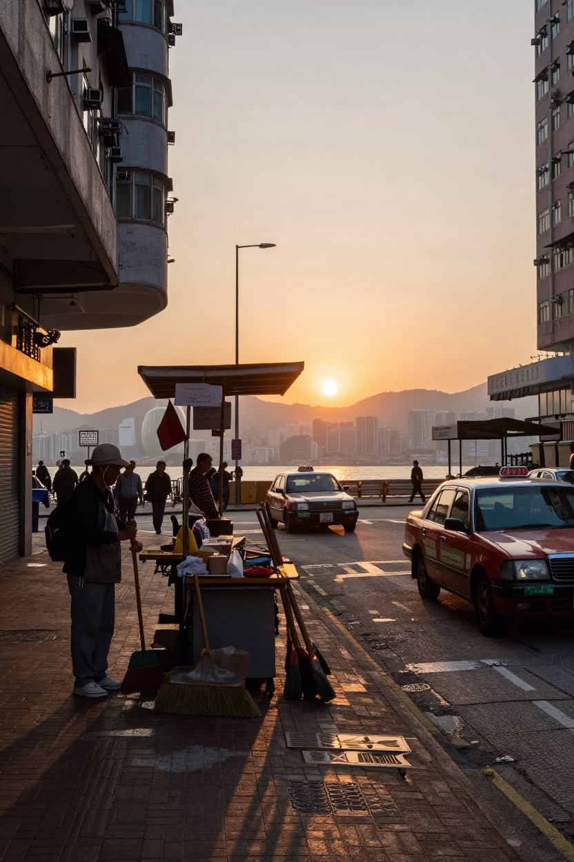 Busy Hong Kong Street Scene at Sunset with Brooms and Local Life in in Hong Kong, Hong Kong