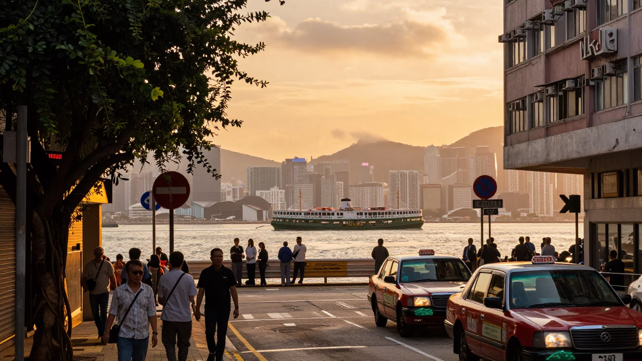 Busy Hong Kong Street Scene at Sunset with Ivy and Steamship in in Hong Kong, Hong Kong