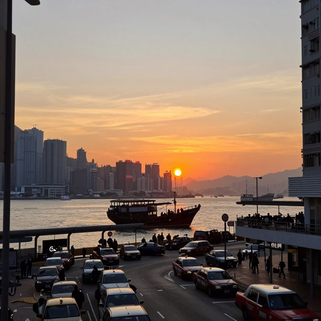 Busy Hong Kong Street Scene at Sunset with Junk Boat in Harbor in in Hong Kong, Hong Kong