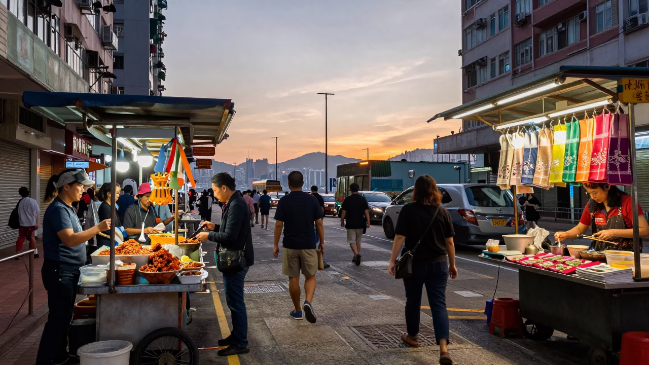 Busy Hong Kong Street Scene at Sunset with Local Vendors and Pedestrians in in Hong Kong, Hong Kong