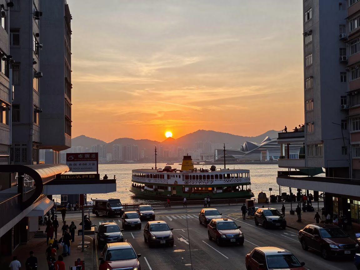 Busy Hong Kong Street Scene at Sunset with Steamboat and Urban Activity in in Hong Kong, Hong Kong