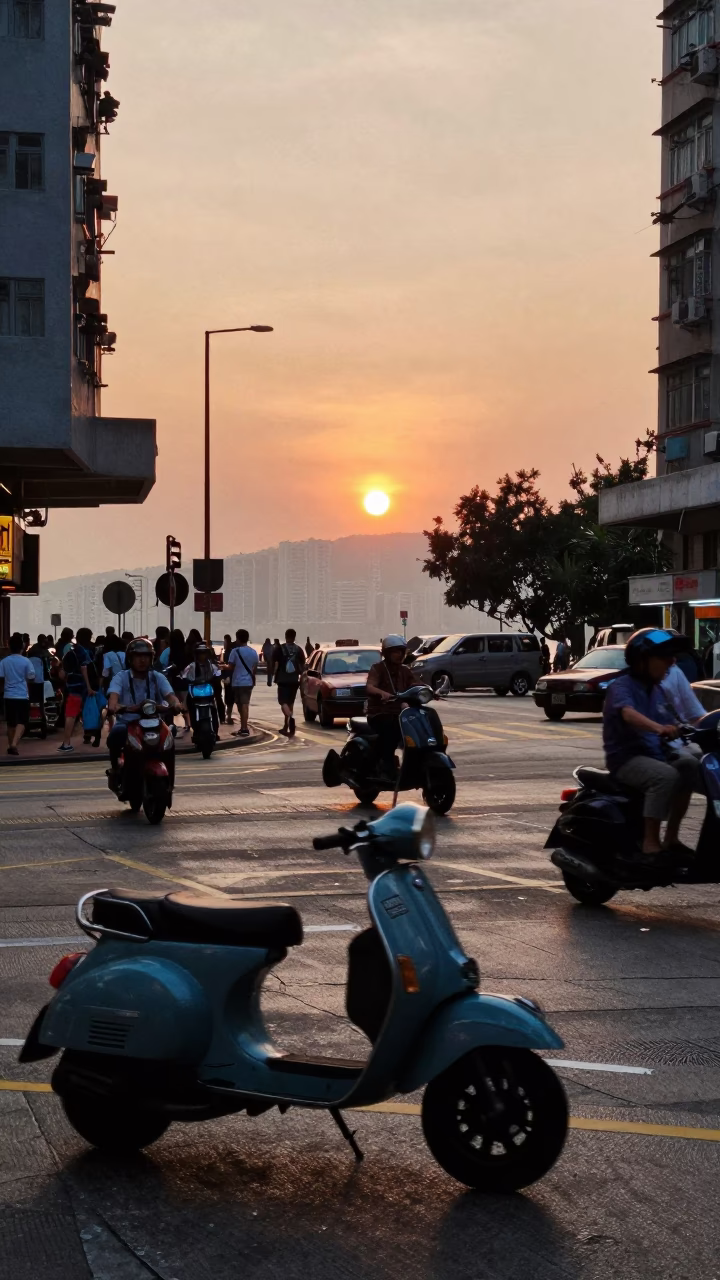 Busy Hong Kong Street Scene at Sunset with Vintage Scooter and Linen Napkin in in Hong Kong, Hong Kong
