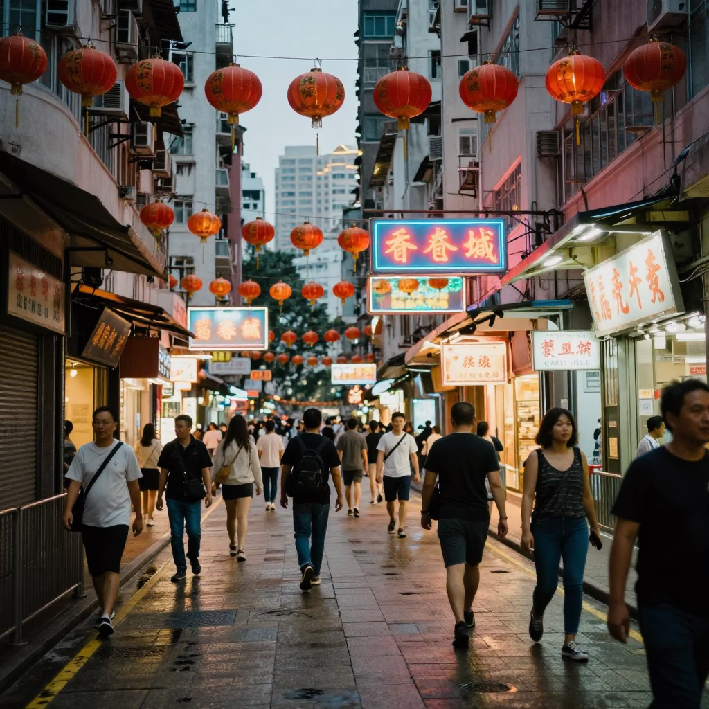 Busy Hong Kong Street Scene Early Evening with Lanterns and Local Life in in Hong Kong, Hong Kong