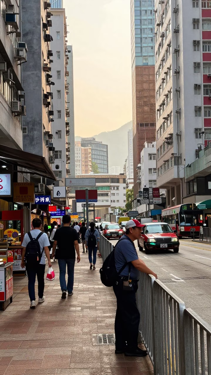 Busy Hong Kong Street Scene Just After Sunrise with Local Details in in Hong Kong, Hong Kong