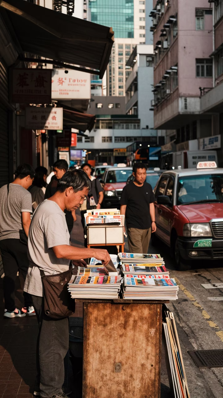 Busy Hong Kong Street Scene Late Afternoon Light with Magazines and Urban Details in in Hong Kong, Hong Kong