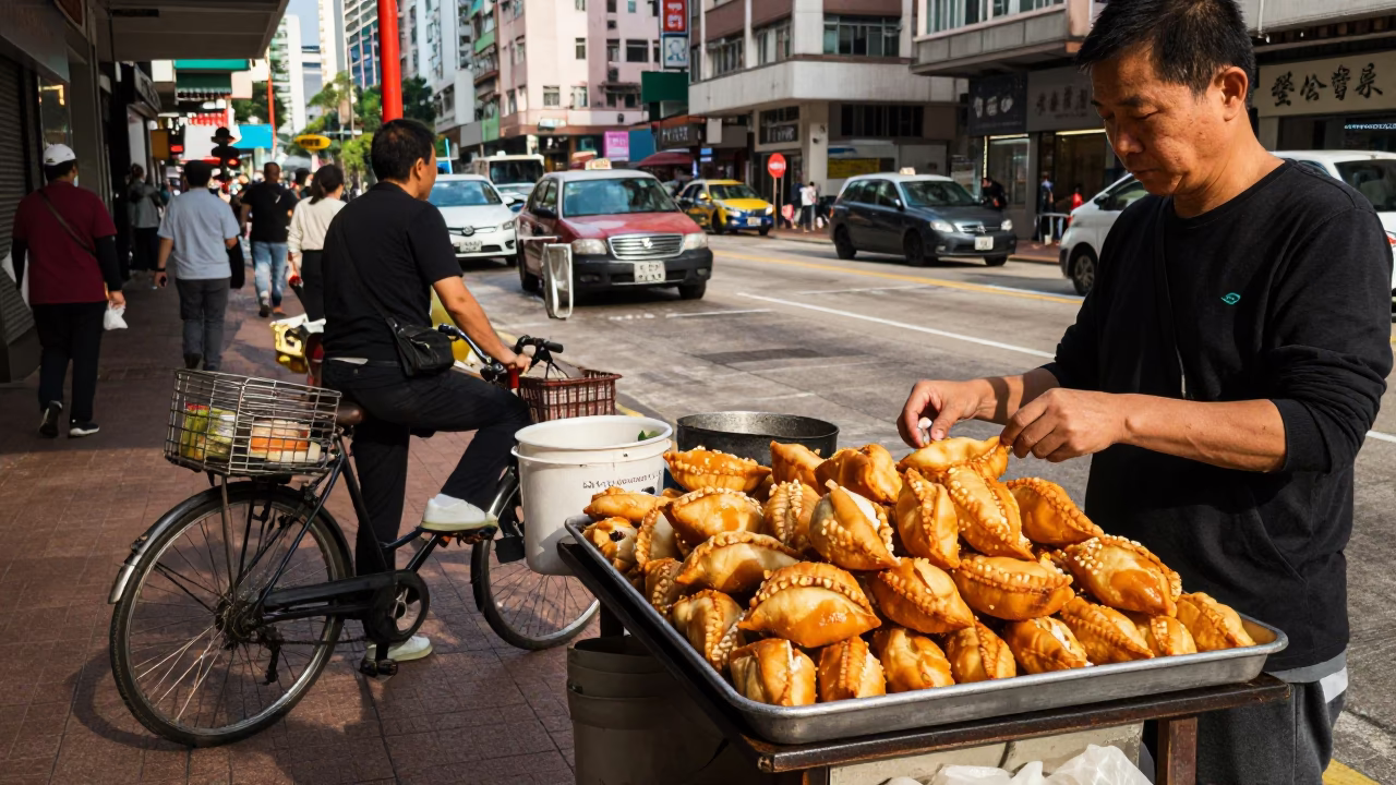 Busy Hong Kong Street Scene Late Afternoon with Bicycle and Traditional Snacks in in Hong Kong, Hong Kong