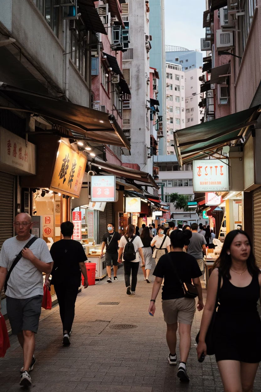 Busy Hong Kong Street Scene Late Afternoon with Traditional Shopfronts and Pedestrians in in Hong Kong, Hong Kong