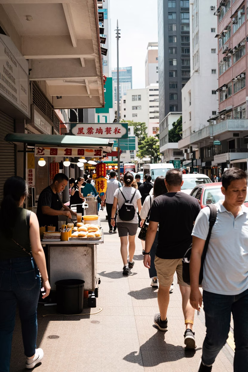 Busy Hong Kong Street Scene Midday with Gua Bao Vendor and Urban Crowd in in Hong Kong, Hong Kong