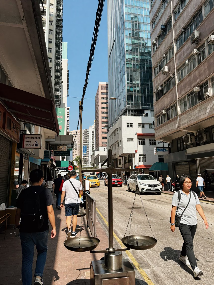 Busy Hong Kong Street Scene Midday with Traditional Apothecary Scale and Modern Urban Life in in Hong Kong, Hong Kong