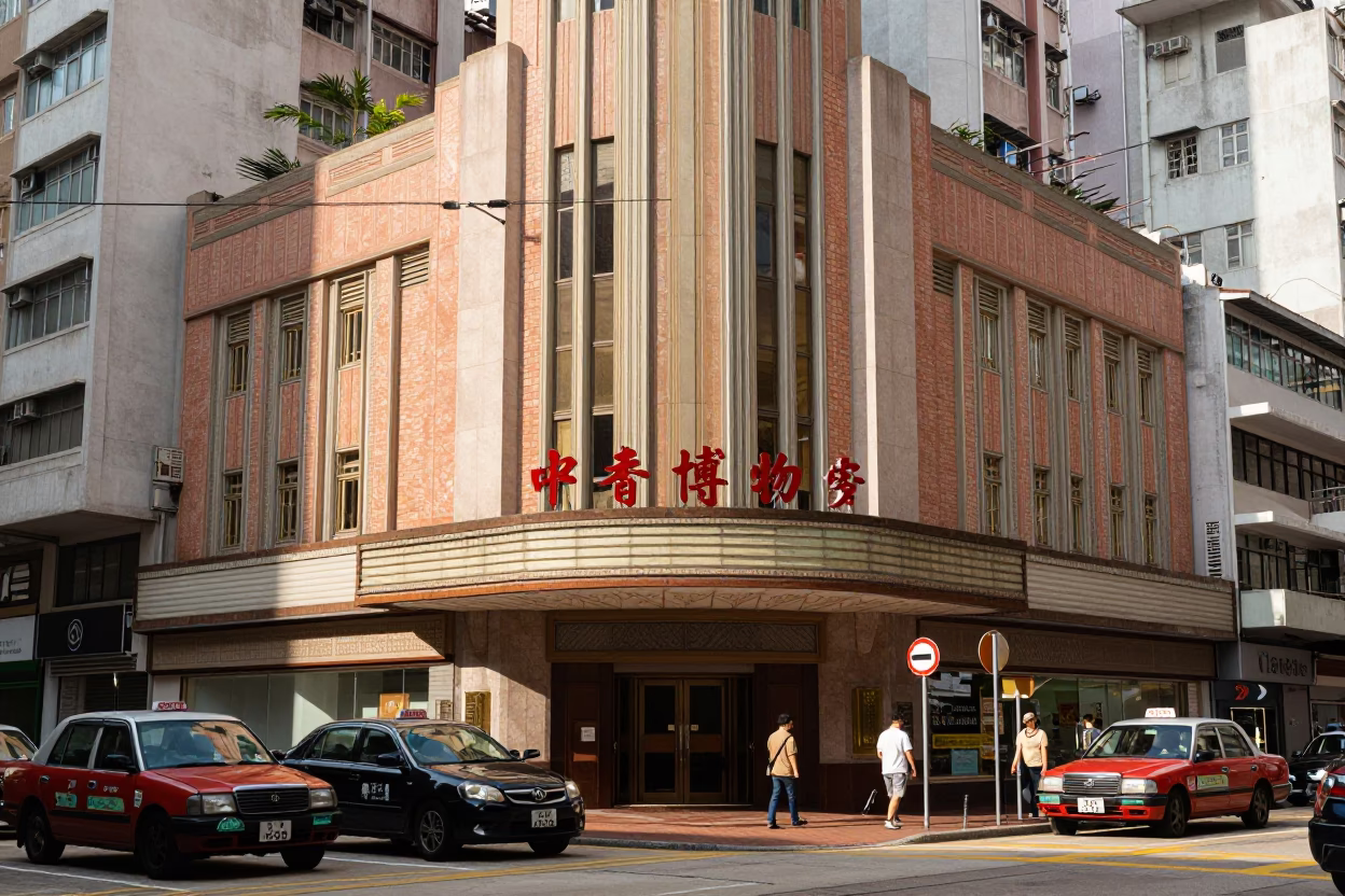 Busy Hong Kong Street Scene with Art Deco Cinema Facade and Local Life in in Hong Kong, Hong Kong