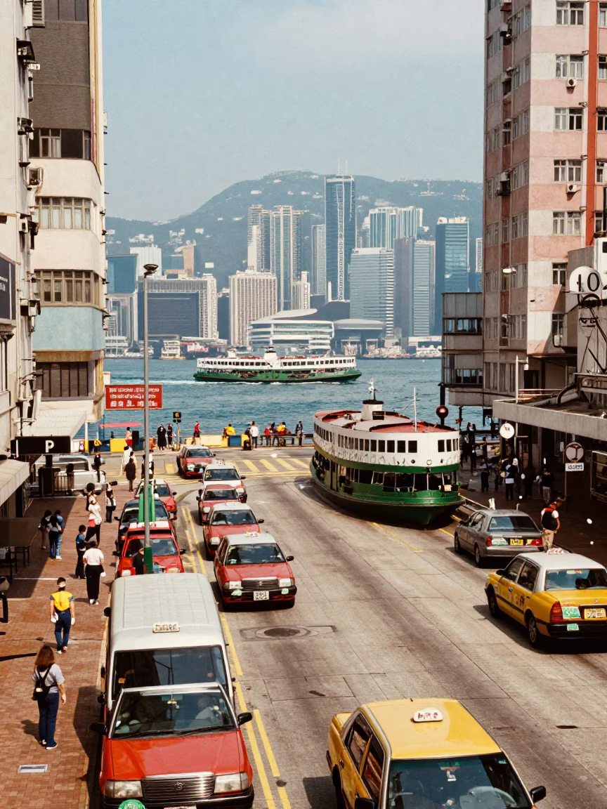 Busy Hong Kong Street Scene with Ferry and Urban Life in in Hong Kong, Hong Kong