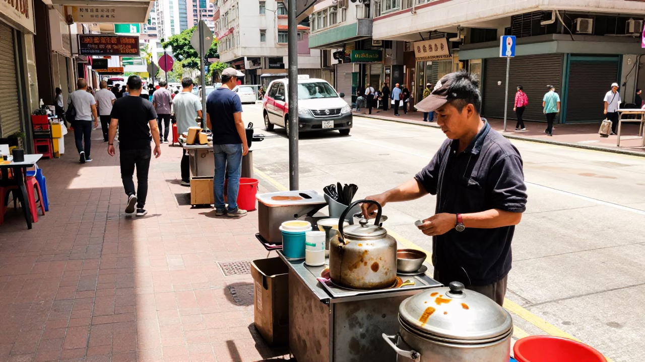Busy Hong Kong Street Scene with Tea Stains and Local Details in in Hong Kong, Hong Kong