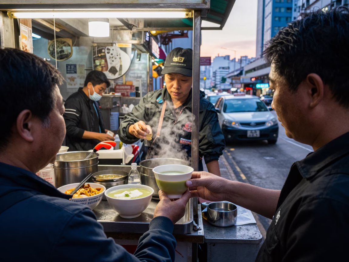 Busy Hong Kong Street Stall Before Sunrise Selling Congee and Genmaicha Tea in in Hong Kong, Hong Kong