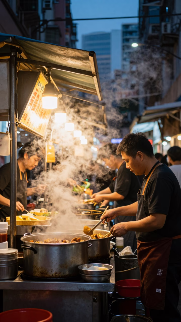 Busy Hong Kong Street Stall Twilight Scene with Steam and Local Details in in Hong Kong, Hong Kong