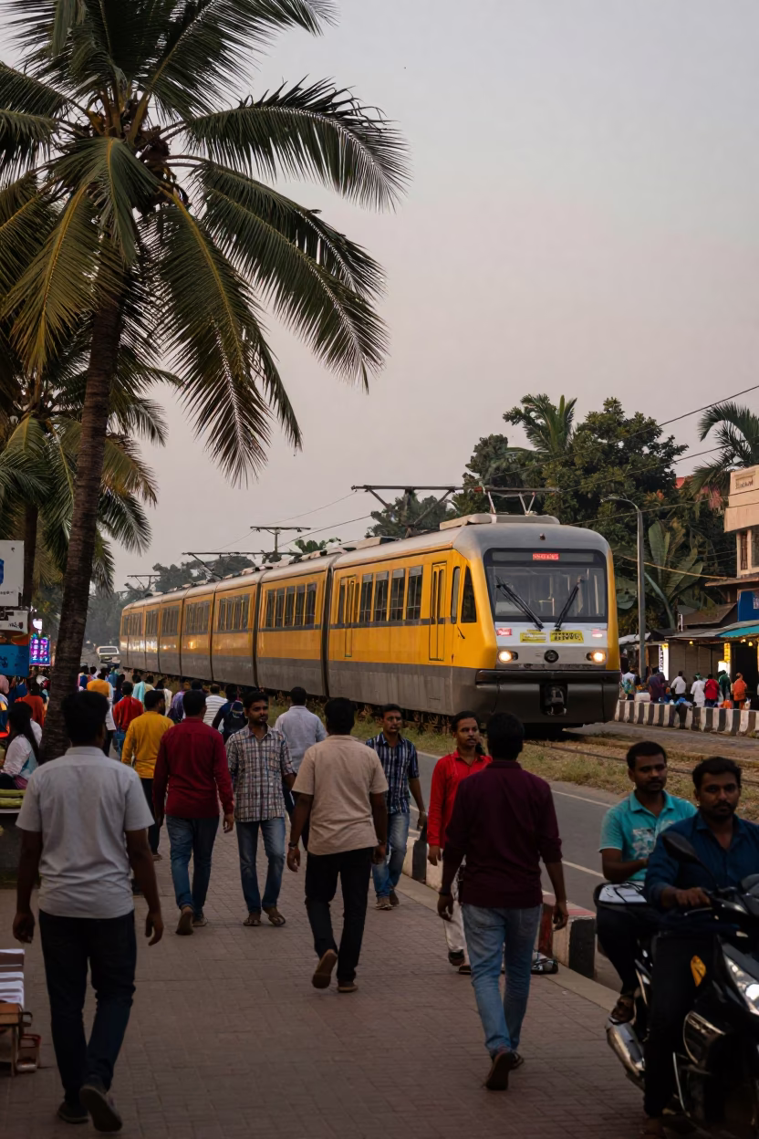 Busy Hyderabad Evening Street Scene with Monorail and Palm Trees in Early Dusk in in Hyderabad, India