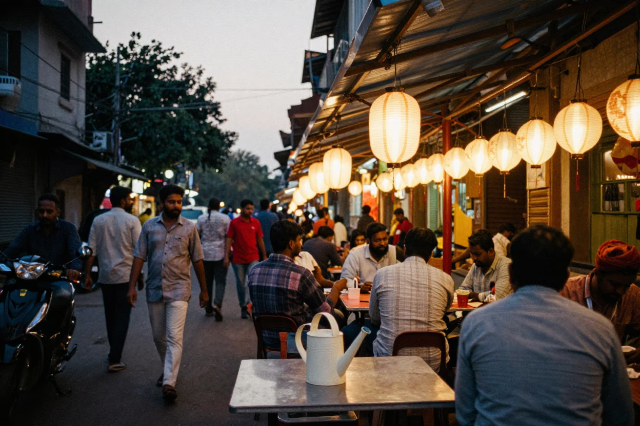 Busy Hyderabad Evening Street Scene with Paper Lanterns and Local Market Activity in in Hyderabad, India