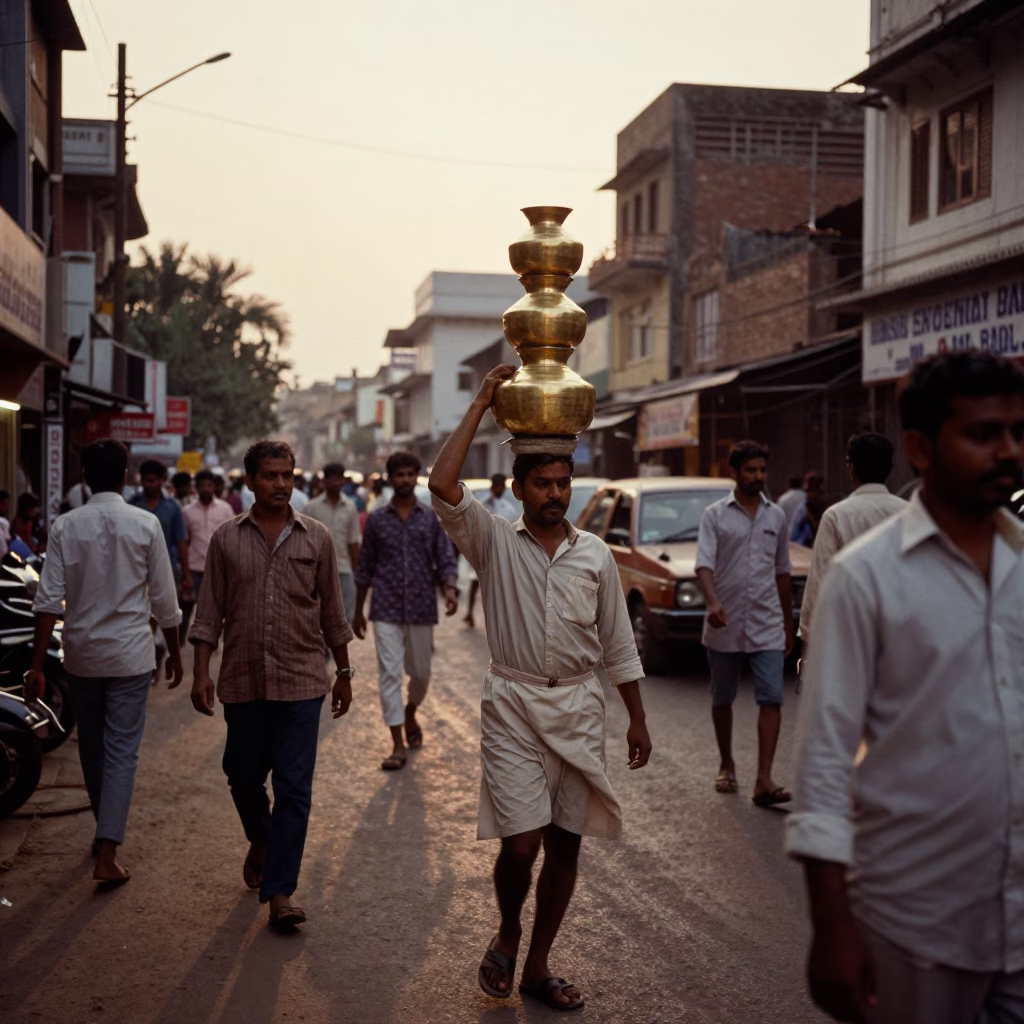 Busy Hyderabad Evening Street Scene with Pedestrians and Traditional Architecture in in Hyderabad, India