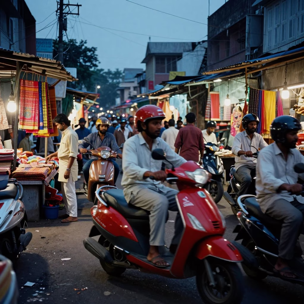 Busy Hyderabad Evening Street Scene with Scooter and Traditional Architecture in in Hyderabad, India