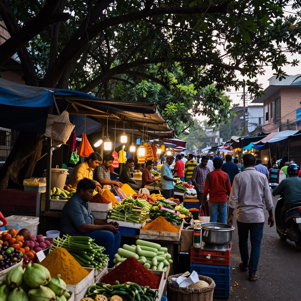 Busy Hyderabad Market Stall at Nautical Dawn with Spice Tins and Morning Light in in Hyderabad, India