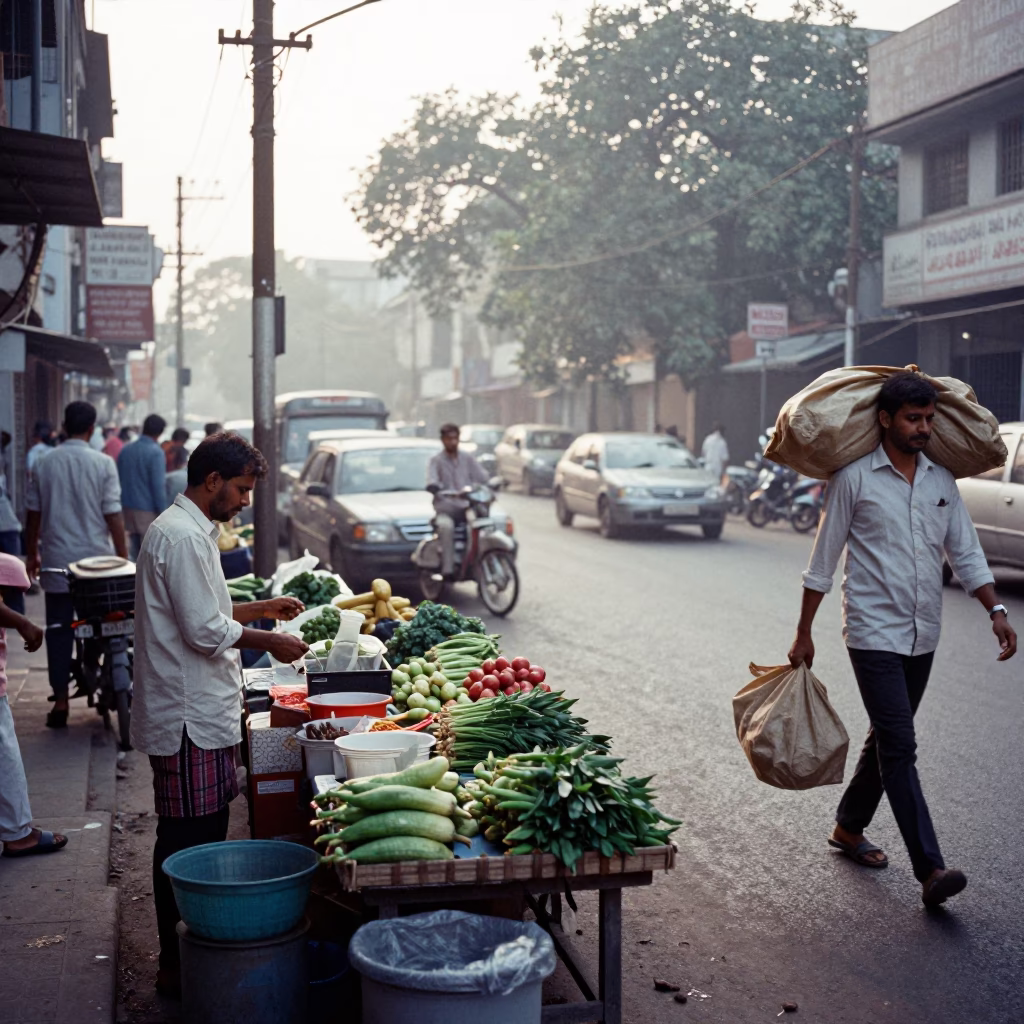 Busy Hyderabad Morning Street Scene with Vendor and Early Commuters in in Hyderabad, India