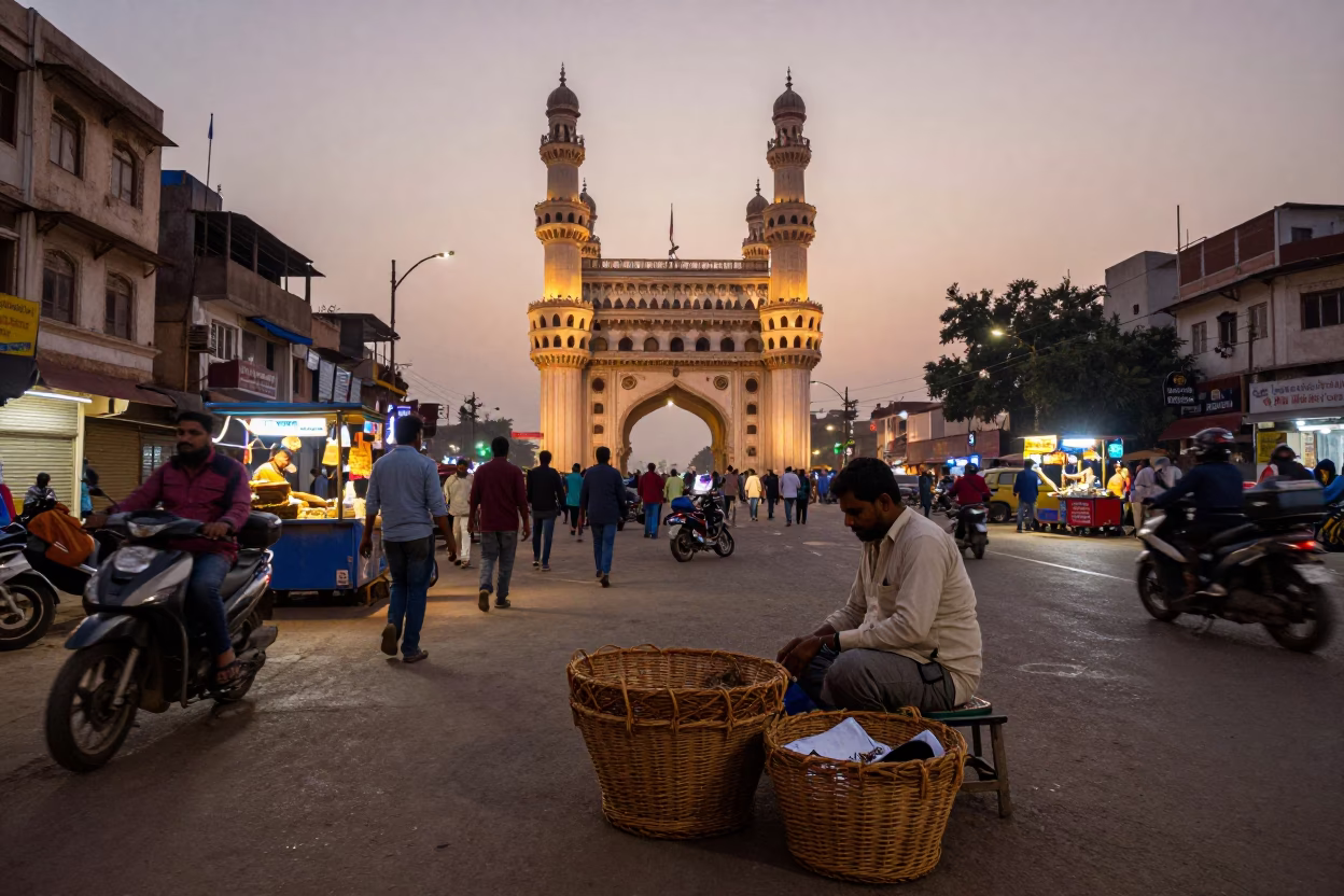 Busy Hyderabad Street Corner at Dusk with Wicker Basket and Broom Near Charminar in in Hyderabad, India