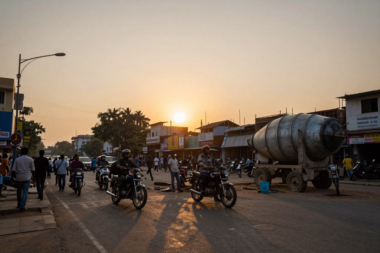 Busy Hyderabad Street Corner at Sunset with Motorcycle and Construction Mixer in in Hyderabad, India