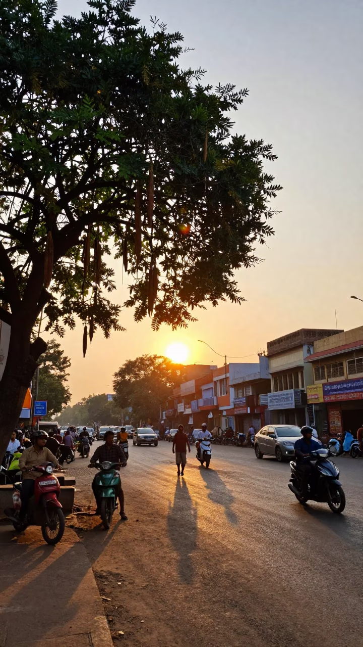 Busy Hyderabad street corner at sunset with tamarind tree and local vendors in in Hyderabad, India