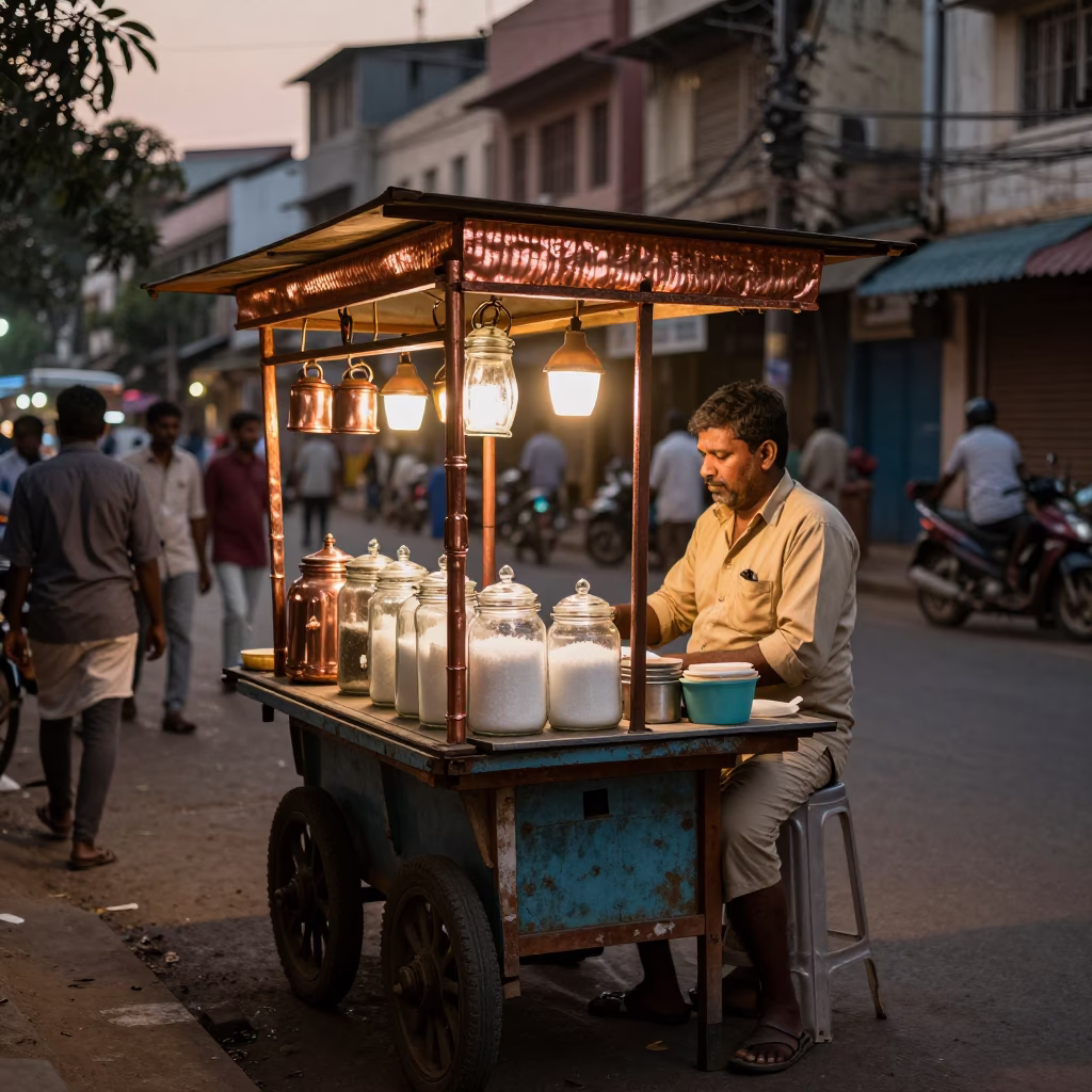 Busy Hyderabad Street Corner Before Dusk with Glass Sugar Jar and Cup in in Hyderabad, India