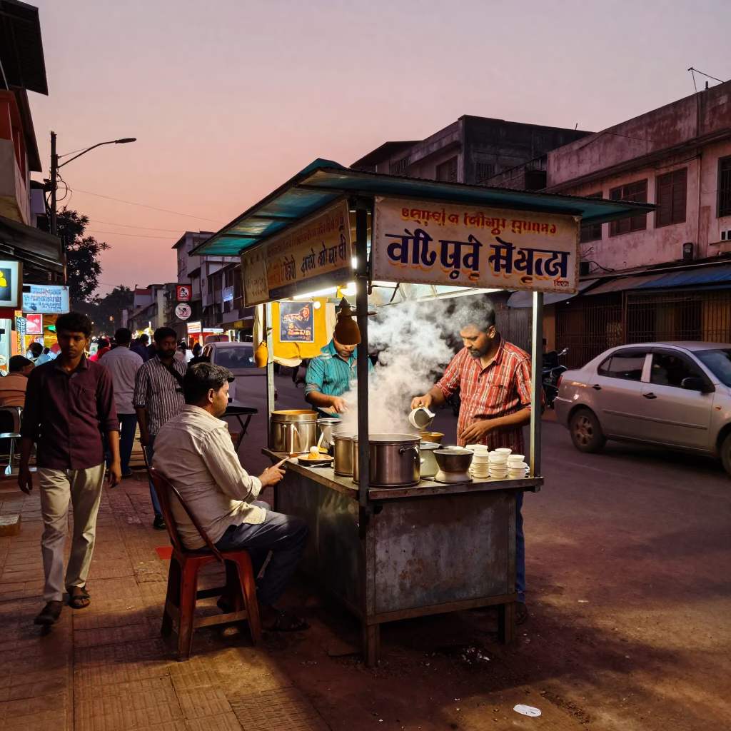 Busy Hyderabad street corner before dusk with tea stall and power lines in in Hyderabad, India