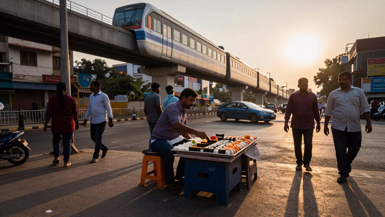 Busy Hyderabad Street Corner Late Afternoon with Monorail Reflection and Local Commerce in in Hyderabad, India