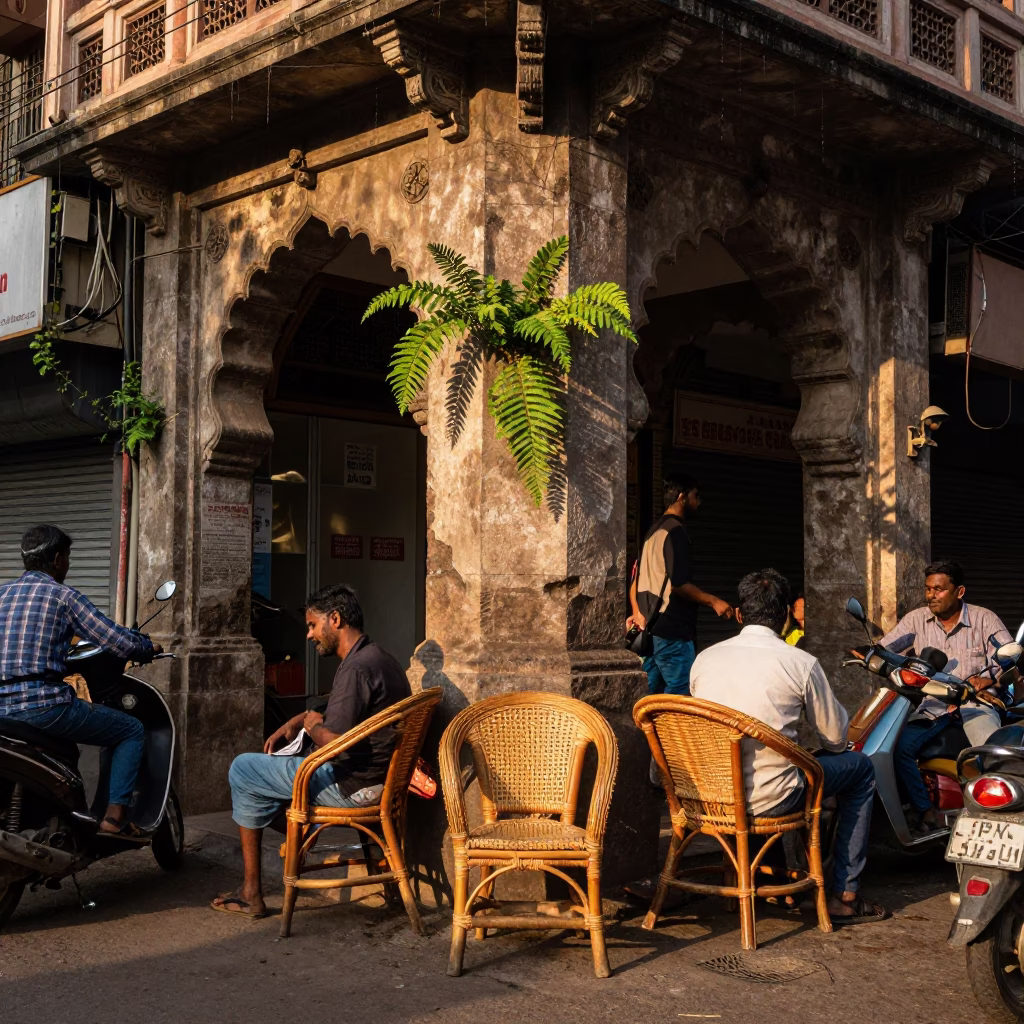 Busy Hyderabad Street Corner Late Afternoon with Rattan Chair and Drying Towels in in Hyderabad, India