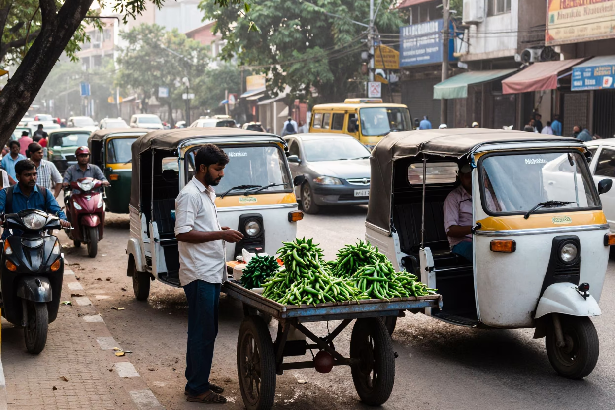 Busy Hyderabad Street Corner Late Morning Traffic and Street Vendor Scene in in Hyderabad, India