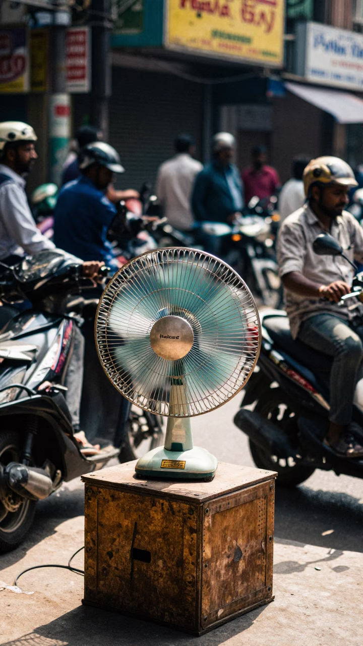 Busy Hyderabad Street Corner Midmorning with Table Fan and Rattan Stool in 1960s India in in Hyderabad, India